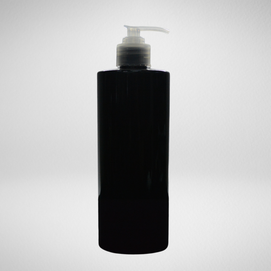 145 PCS 500ML CYLINDRICAL BLACK PET BOTTLE + TRANSLUCENT LOTION PUMP